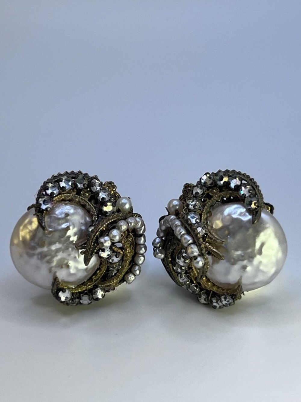 Signed Vintage Miriam Haskell "Moon & Sun" Baroque Pearl Statement Earrings